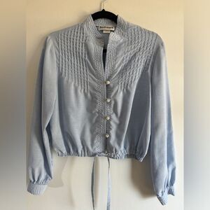 VINTAGE 80's Light Blue Smocked V-Neck Long Sleeve Blouse